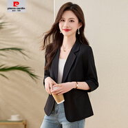 皮爾卡丹（pierre cardin）休閑七分袖小西裝外套女2025新款時(shí)尚氣質(zhì)修身短款上衣 黑色 M 建議80-100斤