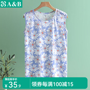 AB母親節女士純棉無(wú)袖背心舒適圓領(lǐng)印花媽媽上衣汗衫家居服 藍底太陽(yáng)花 XL