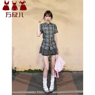 萬欣兒法式復(fù)古刺繡格紋短袖襯衫女夏季設(shè)計(jì)感小眾別致港味潮流襯衣上衣 藍(lán)棕格紋襯衫 L 建議110-120斤