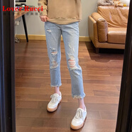 LOVER RUCCI大碼春夏薄款破洞七分牛仔褲女高腰直筒乞丐褲胖mm顯瘦八分煙管褲 藍色【七分 褲】 XL 【125-140斤】