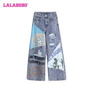 拉拉波波（LALABOBO）LALABOBO/大字母牛仔長褲/LBDB-WXZC34 中藍(lán)白 25