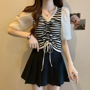 Radinka2025夏新款時(shí)尚雪紡拼接彈力針織泡泡袖修身顯瘦短袖上衣女裝MQ 韓版抽繩系帶【杏條】 均碼 _彈力均碼(建議75-120斤)