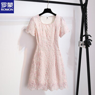 羅蒙（ROMON）2025夏季新款高端精致法式方領(lǐng)泡泡袖蕾絲藍色碎花連衣裙子女收腰 粉色 XL 121-135斤
