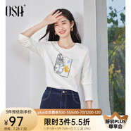 歐莎（OSA）印花長袖T恤女百搭打底衫內(nèi)搭2025年秋季新款大碼巨顯瘦上衣正肩 白色 XL