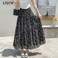 LISCN雪紡碎花半身裙女2024夏季高級感皺皺絲松緊高腰中長(cháng)款遮胯a字裙 黑色 S