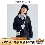VEGA CHANG假兩件衛(wèi)衣女秋季2025新款洋氣減齡學(xué)院風(fēng)顯瘦短外套 海港藍(lán)（常規(guī)版） M