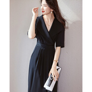 德瑪納【黑天鵝舞曲】夏季光澤80D亂麻大翻領(lǐng)前后開(kāi)叉收腰女式連衣裙