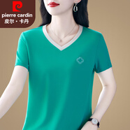 皮爾卡丹品牌冰絲短袖t恤女夏季2025新款中年V領(lǐng)半袖女士洋氣寬松上衣體恤 湖綠 L 【建議重95-110斤】