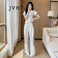JVH香港潮牌休閑運(yùn)動(dòng)套裝女 2025夏季新款拉鏈短袖T恤polo衛(wèi)衣闊腿褲 淺灰色 條紋上衣+松緊腰長(zhǎng)褲子 L