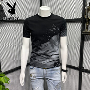 花花公子（PLAYBOY）純棉潮牌短袖T恤男夏季修身圓領(lǐng)高端印花體恤衫新款 黑色 M