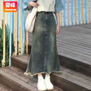 賞峰大碼胖mm牛仔半身裙女秋夏季高腰a字毛邊魚(yú)尾裙小個(gè)子中長(cháng)款 復古藍*潮流款 M 95-105斤