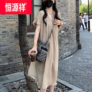 恒源祥特大碼300斤法式棉麻薄款V領(lǐng)過膝短袖長(zhǎng)裙女夏胖MM寬松休閑連衣裙 卡其色 L 80-110斤穿