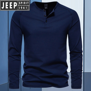 JEEP SPIRIT秋季男士純色亨利領(lǐng)長(cháng)袖T恤青年歐美簡(jiǎn)約彈力修身純色百搭打底衫 藏藍色 4XL