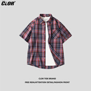CLOR格子短袖襯衫男士春夏款夏季ins寬松休閑襯衣外套CLCX04-1紅藍M