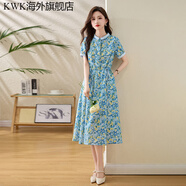KWK輕奢連衣裙2025夏新款衣服大碼女裝長(cháng)裙法式碎花連身裙子 藍花 M