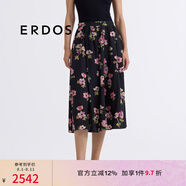 ERDOS【真絲雙縐】25春夏水彩銀蓮花中長(zhǎng)款傘裙出游度假女半身裙 黑 XS 155/64A