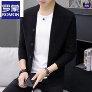 羅蒙（ROMON）針織衫男開衫外套潮流帥氣三?？坌€(gè)子披風(fēng)秋季薄款線衫無領(lǐng)毛衣 8635黑色 2XL 180