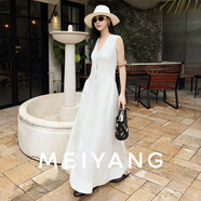 美洋（MEIYANG）茉莉麻感連衣裙 輕熟女神 天絲棉麻V領(lǐng)無(wú)袖長(cháng)裙新品連衣裙 白色 XL