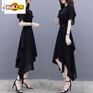 皮爾卡丹（pierre cardin）2022夏季女裝新款修身中長(cháng)裙短袖不規則氣質(zhì)名媛黑色雪紡連衣裙女 黑色 M