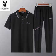 花花公子（PLAYBOY）中老年運動(dòng)服爸爸夏裝套裝老年人短袖T恤運動(dòng)休閑男裝夏季兩件套 806黑色(短袖+長(cháng)褲) XL 建議100-125斤