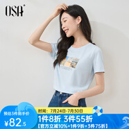歐莎（OSA）白色短款T恤女士夏季新款衣服短袖印花顯瘦正肩上衣體恤修身 淺藍色 XS