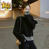 初徑秋冬新款ins港風(fēng)黑色毛衣女亮片寬松外穿慵懶風(fēng)百搭針織衫 黑色 ( 冬款) 加厚 M 80-100斤