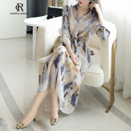 clotho Rennie品牌女裝雪紡印花連衣裙女中長(zhǎng)款2025春秋新款小個(gè)子碎花長(zhǎng)袖裙子 印花 M