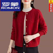羅蒙（ROMON）羊毛衫女針織開衫女短款寬松小香風(fēng)針織開衫上衣圓領(lǐng)毛衣外套 紅色 3XL 130-140斤穿