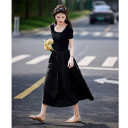 尚靜連衣裙女夏季新款女裝拼接撞色假兩件中長款修身顯瘦短袖t恤裙女