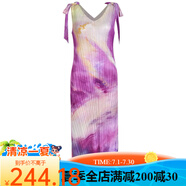 SHXI三宅褶皺新款2025夏季休閑風(fēng)日韓休閑v字領(lǐng)a字裙水墨印花綁帶連衣 紫色 均碼