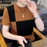 JEEP SPIRIT吉普男式針織短袖T恤夏季高端修身圓領(lǐng)上衣薄款休閑格子半袖體恤 8焦糖色 M 90-105斤