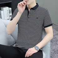 海瀾夏季男士翻領(lǐng)條紋短袖T恤純棉polo衫高級(jí)感修身男裝休閑半袖體恤 GW2207黑條紋 XL