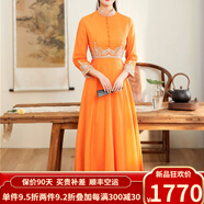 歐迪鳥(niǎo)（ODYBIRD）2025春季新款改良版旗袍連衣裙中國(guó)風(fēng)唐裝刺繡女禪意復(fù)古女裝禪服 橘色 S