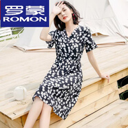 羅蒙（ROMON）新款棉綢連衣裙女夏季中長(cháng)款收腰顯瘦時(shí)尚碎花A字裙人造棉沙灘裙 貴族黑 黑色小雛菊 XL 建議115-125斤