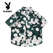 花花公子（PLAYBOY）特大碼300斤復(fù)古花朵滿印短袖花襯衫男女寬松夏威夷情侶襯衣2 圖片色-C1 M 90-110斤