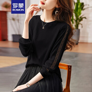 羅蒙（ROMON）春秋季韓版長(cháng)袖t恤女裝2024新款時(shí)尚寬松顯瘦T恤衫女士打底衫上衣 黑色 2XL （130-145斤）