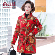 俞兆林（YUZHAOLIN）媽媽冬裝加絨加厚中長(cháng)款棉衣大碼中年中老年人女裝棉服外套花棉襖 紅腰果 XL 建議90-105斤