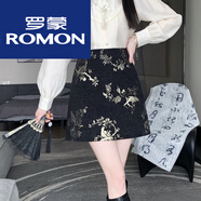 羅蒙新中式國風(fēng)半身裙女2025春夏新款設計感喜鵲燙金印花包臀a字短裙 黑色 S