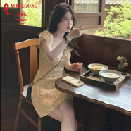 夢嬌法式氣質(zhì)方領(lǐng)泡泡短袖碎花連衣裙女夏季大碼胖m度假風(fēng)顯瘦包臀裙 圖片色 M 【建議體重100-120斤】