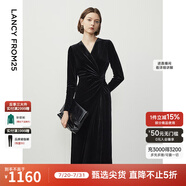 朗姿法式高級感絲絨長裙冬季新款連衣裙氣質(zhì)顯瘦v領(lǐng)小黑裙 黑色 XS
