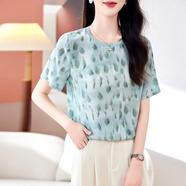 花花公子（PLAYBOY）氣質(zhì)印花雙縐真絲上衣女短袖2025夏季新款桑蠶絲顯瘦小衫薄款T恤 孔雀藍 L