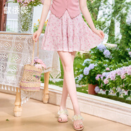 歌依妮夏季新款女甜美小個(gè)子帶安全褲高腰垂感雪紡碎花短裙百褶裙半身裙 粉色 M