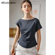 Olrain歐芮兒灰色T恤女夏季設計感不對稱(chēng)抽褶上衣 灰色 S