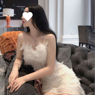焗潭2025夏新仙女重工氣質(zhì)蕾絲鏤空花朵網(wǎng)紗吊帶流蘇洋氣時(shí)尚連衣裙女 白色 L