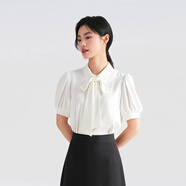 伯德小姐藍(lán)色襯衫女夏季設(shè)計(jì)感系帶短袖上衣考研氣質(zhì)通勤職業(yè)襯衣 CSB14 白色短袖【雪紡襯】可拆卸飄帶 M -適合100-110斤可穿