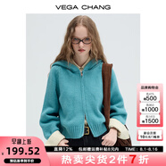 VEGA CHANG毛衣女2025年秋冬新款簡約風慵懶短款連帽拉鏈針織開衫 孔雀藍 均碼