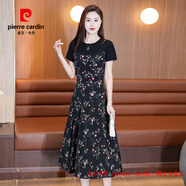 皮爾卡丹（pierre cardin）冰絲裙子女裝2025夏新款遮肚顯瘦雪紡碎花裙洋氣假兩件印花連衣裙 山茶花 親膚冰絲 M 85-100斤