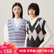 哥弟真的好（GIRDEAR）女裝V領(lǐng)拼色提花寬松馬甲背心純羊毛針織衫女A301010 藍(lán)粉條紋 M (3碼)