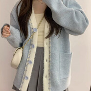 宜蕓狐（YIYUNHU）2025春秋新款藍色甜美針織小香風織帶寬松慵懶針織衫XHD 藍色 M 建議95-110斤