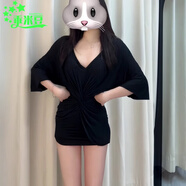 乖米豆微胖mm純欲辣妹風(fēng)V領(lǐng)短袖連衣裙女夏季新款收腰褶皺彈力包臀短裙 黑色連衣裙 2XL 125-140斤